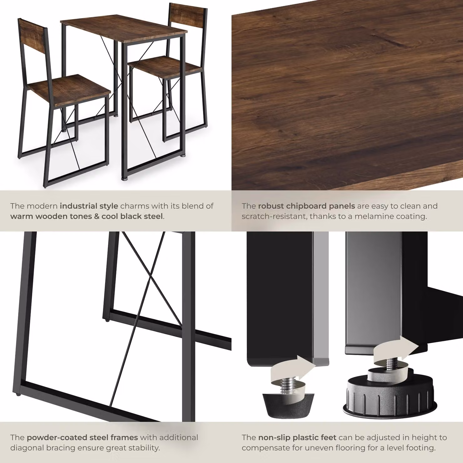 TECTAKE Margate 3-Piece Dining Table and Chairs Set in Brown and Black Industrial Style – 5