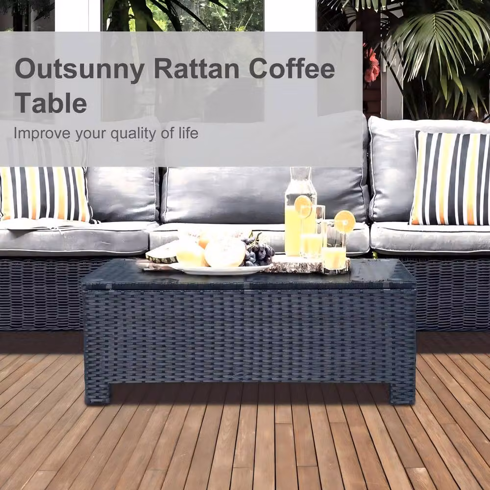 STILVORA Modern Outdoor Table with Black Tempered Glass Top and Metal Rattan Frame – 6