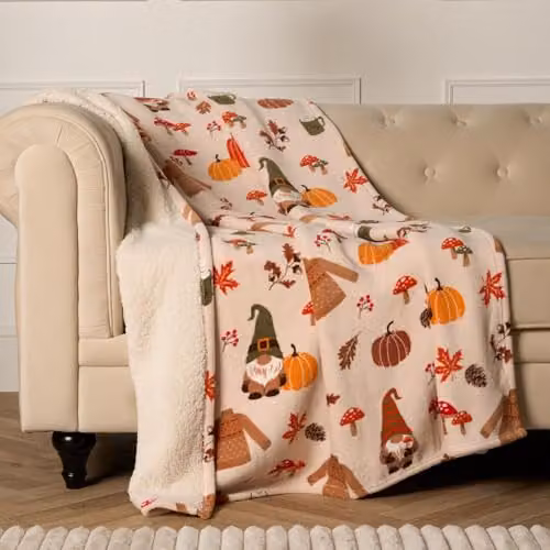 OHS Pumpkin Autumn Gonk Fleece Sherpa Throw Blanket, Beige, W/D/H: 125 x 150 cm