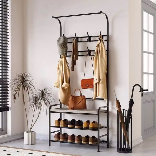 London Boutique 4-in-1 Hallway Storage Unit with Shoe Bench and 8-Hook Coat Rack in Grey – 1
