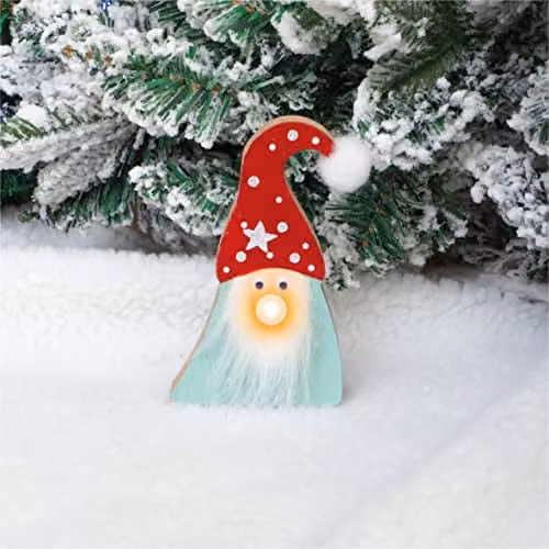 St Helens Home & Garden Wooden Gonk Tabletop Decoration with Light Up Nose and Fluffy Beard in Red, White and Brown – 6