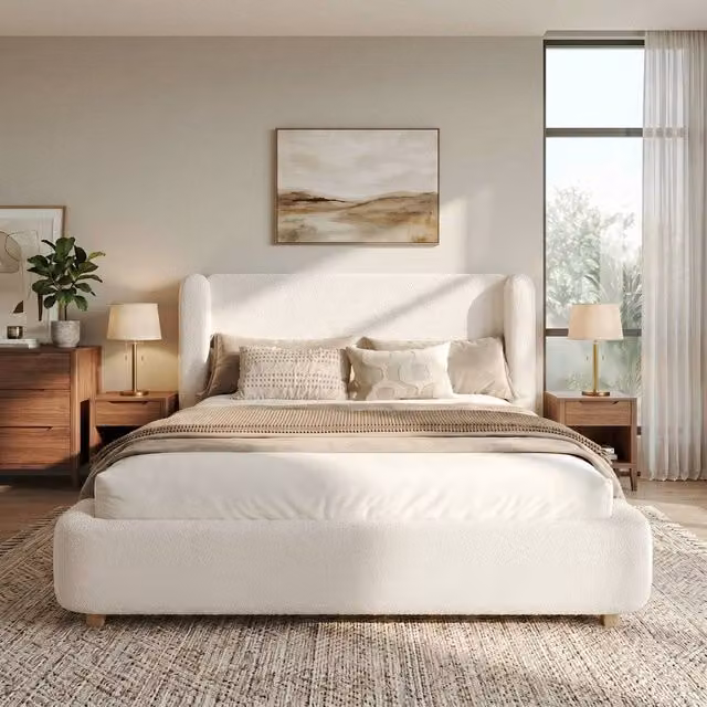 Matteo Super King Upholstered Ottoman Storage Bed with Hydraulic Lift-Up Base in Beige Bouclé, W: 180 cm, D: 200 cm – 1