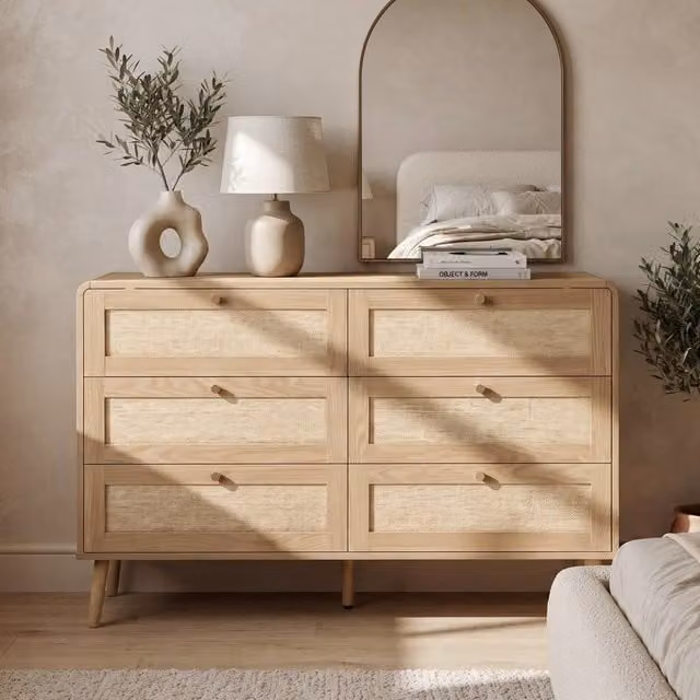 Matteo Natural Oak 6-Drawer Chest of Drawers with Rattan-Effect Finish in Brown and Beige – 1