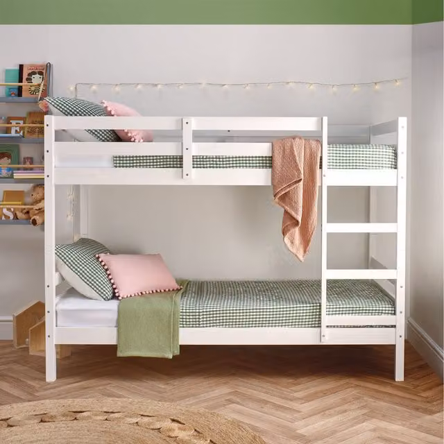 Home Treats White Lacquered Solid Pine Wooden Bunk Bed with Splittable Twin Sleeper Option