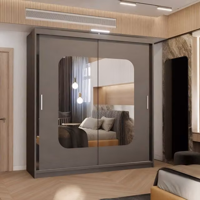 MN Furniture Modern Grey Wardrobe with Double Sliding Mirror Doors and Integrated LED Lighting W/H: 120 x 217 cm – 1