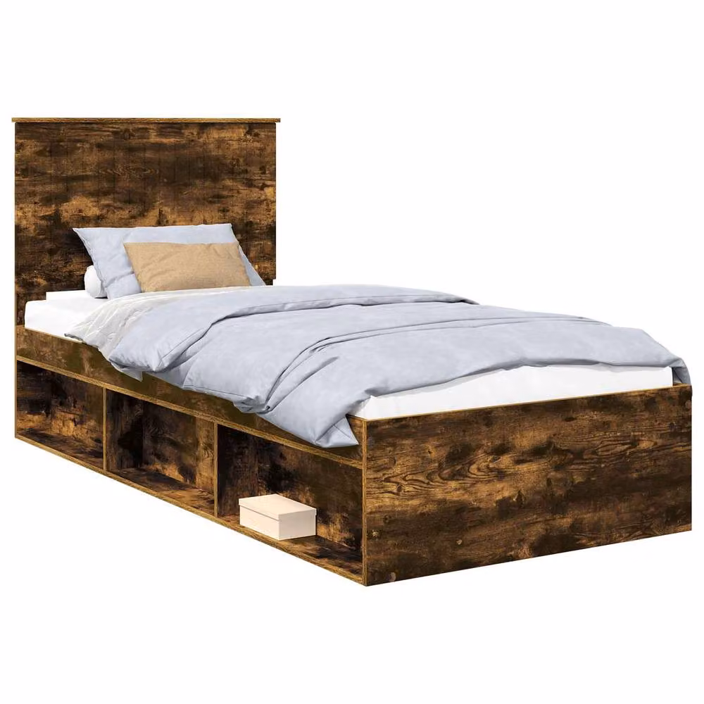 Berkfield Home Modern Bed Frame with Headboard in Smoked Oak and Brown Solid Pine Wood, W/D/H: 90 x 200 cm – 2