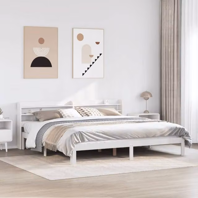 Berkfield Home White Rustic Solid Pine Bed Frame with Headboard and Side Compartments, 200 x 200 cm
