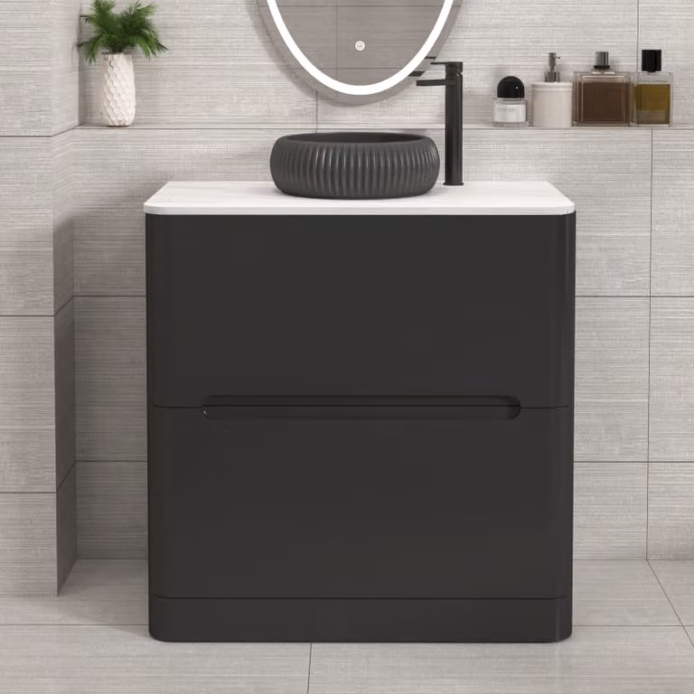 Royal Bathrooms Venice 800mm Matt Nocturne Black Floor Standing 2 Drawer Vanity Unit with Milan Black Basin