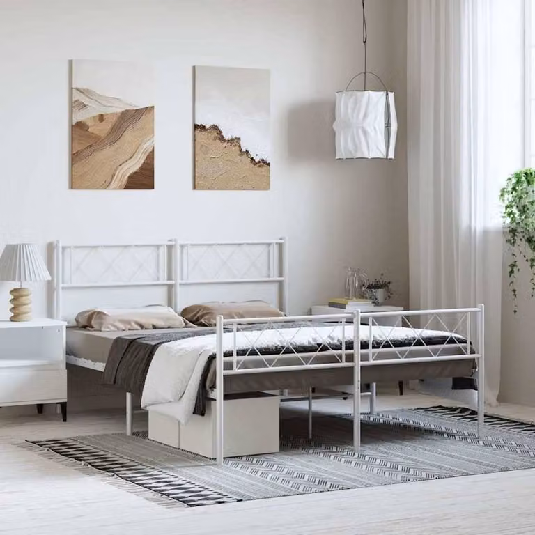 Berkfield Home Metal Bed Frame with Headboard and Footboard in White, W/D/H: 135 x 190 cm
