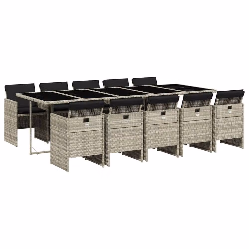 Berkfield Home 11 Piece Modern Grey Poly Rattan Garden Dining Set with Glass Table and Cushions – 2