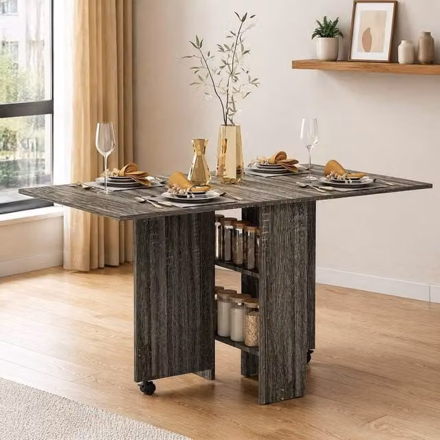 STILVORA Modern Grey Drop Leaf Dining Table with Castors and Storage – 1
