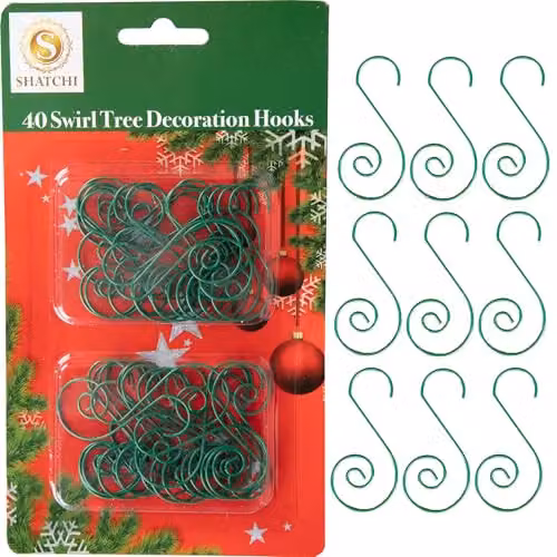 SHATCHI 40-Piece Green Metal Swirl S Hooks for Christmas Tree Baubles and String Lights