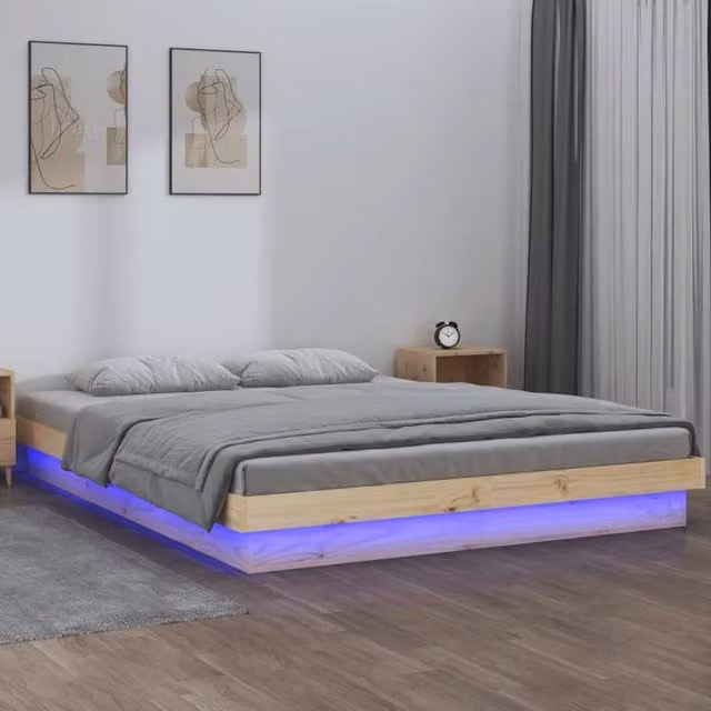 Berkfield Home Solid Pine LED Bed Frame with Under-Bed Lighting and USB Charging Port, Brown, W: 140 cm, D: 190 cm