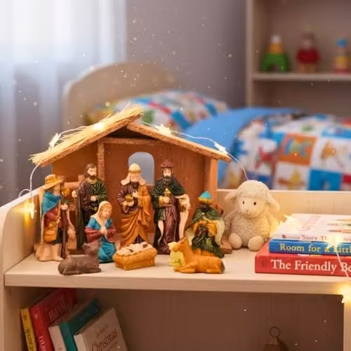 Shatchi Large Handmade Nativity Scene with Wooden Stable and 10-Piece Resin Figurine Set in Brown and Multicolour – 9