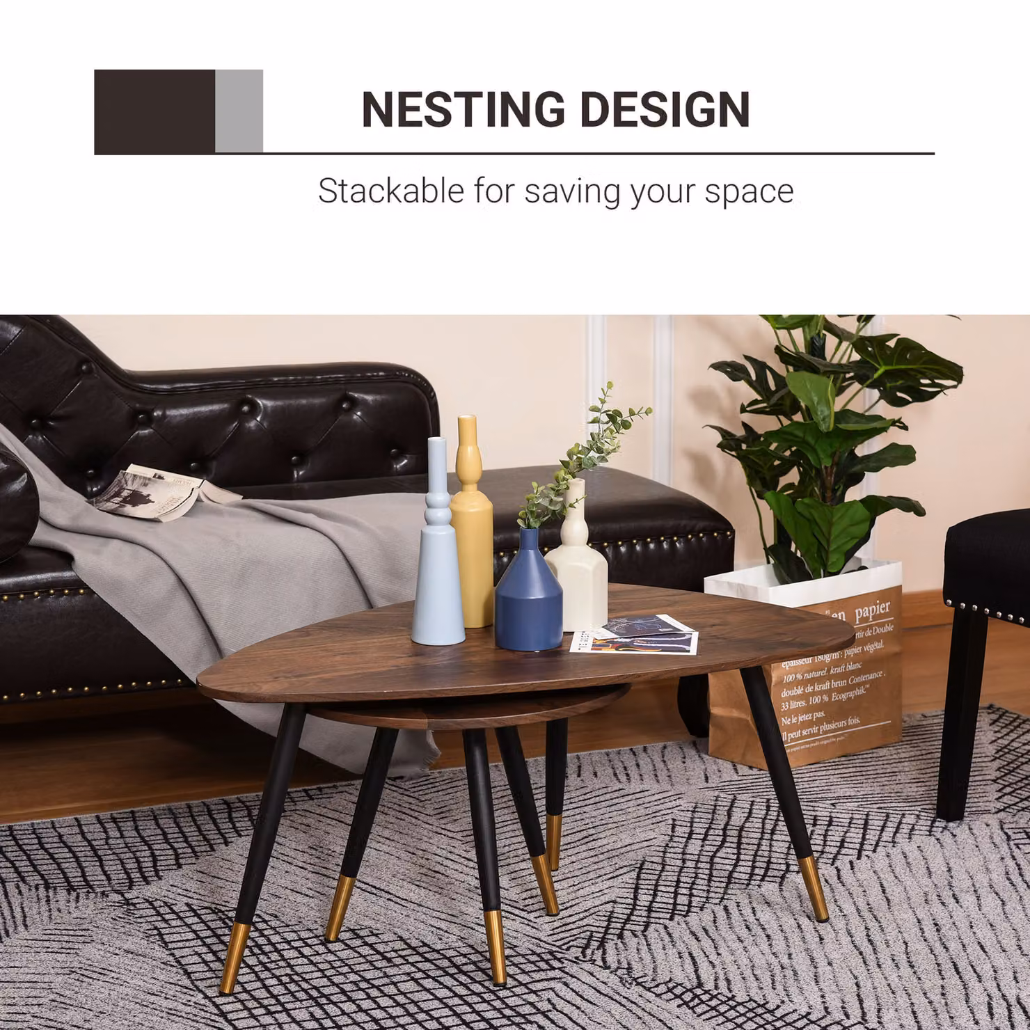 HOMCOM Vintage Nesting Tables, Set of 2, Brown and Gold Round Side Tables for Living Room or Home Office – 6
