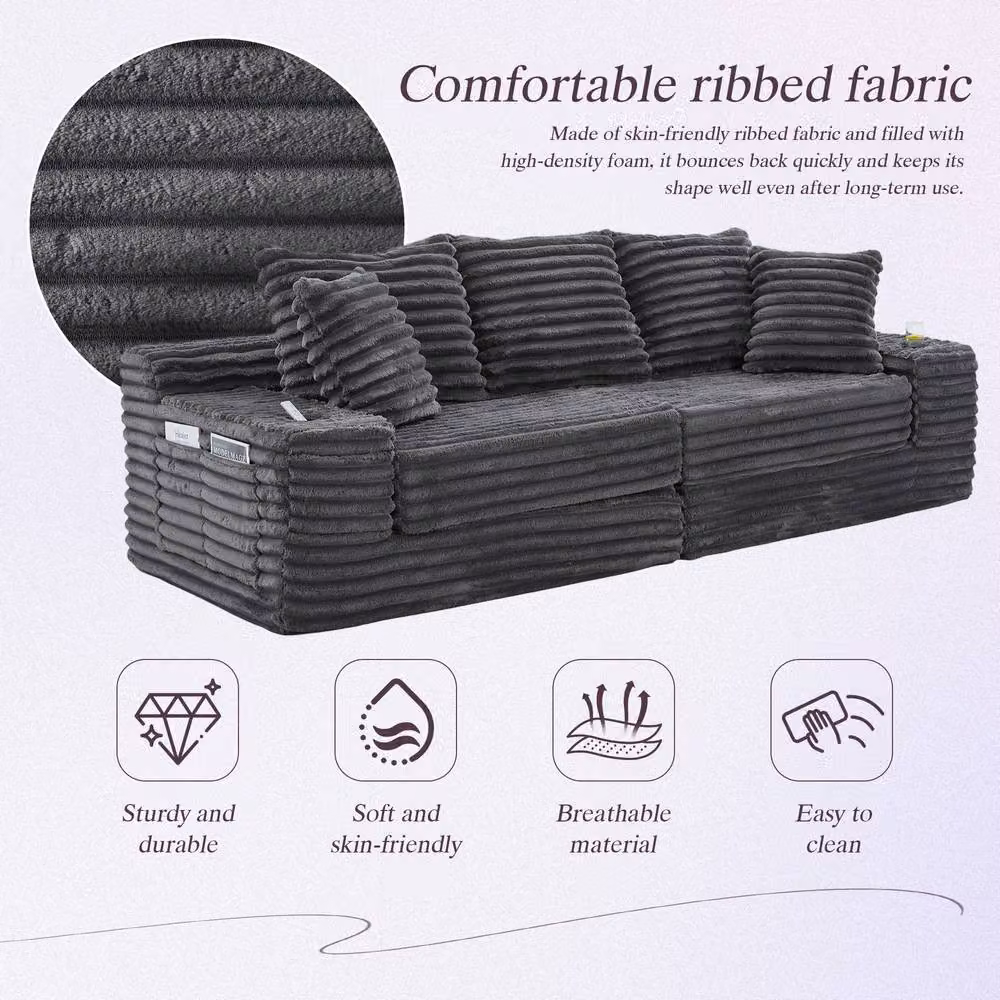Matteo Dark Grey Corduroy Sleeper Sofa with High Back, Pockets and Cup Holders – 3