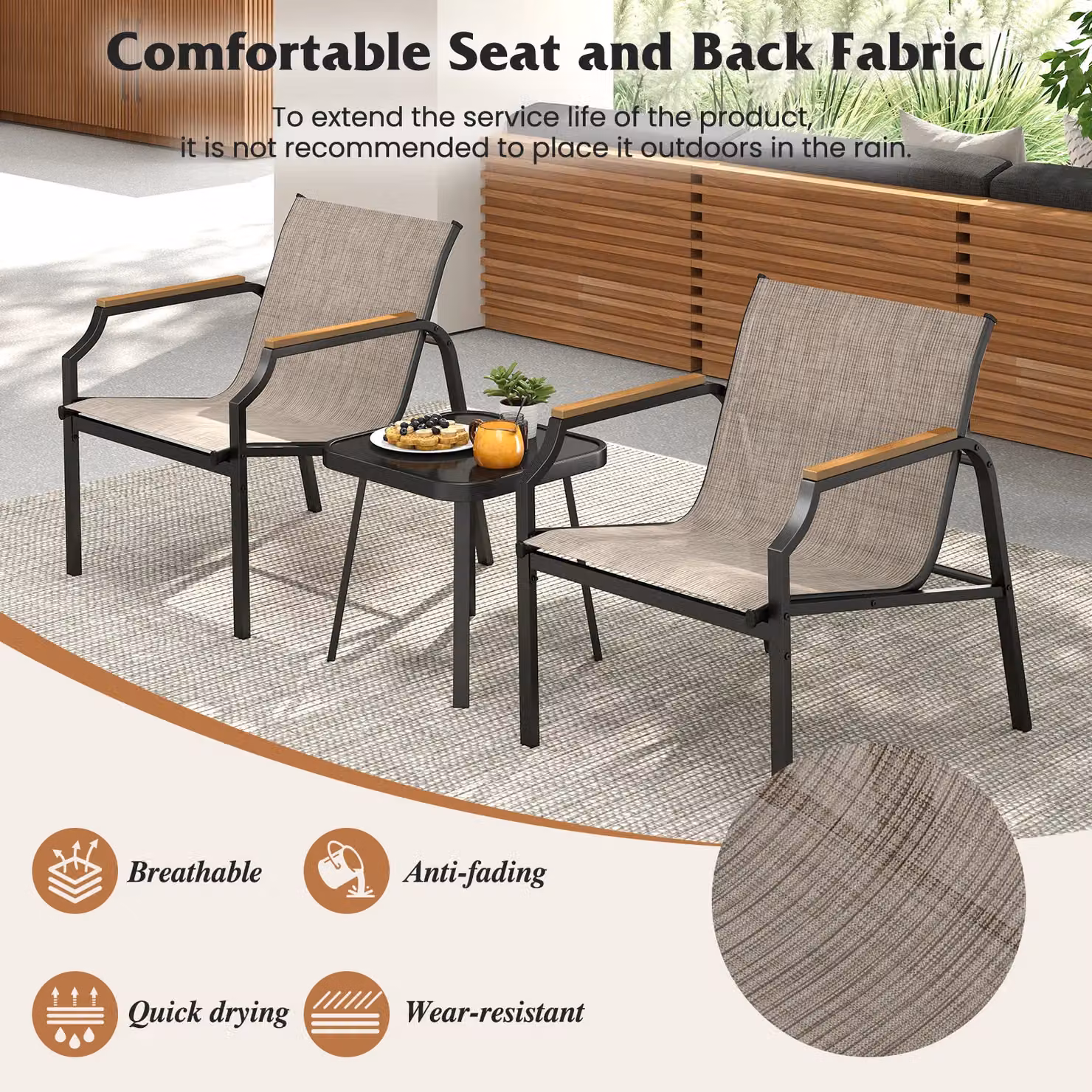 Costway 3 Piece Outdoor Garden Furniture Set with Metal Frame Armchairs and Table in Brown – 5