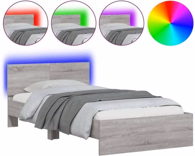 Berkfield Home Sonoma Bed Frame in Grey with LED Under-Bed Lighting and USB Charging Port, W: 100 cm, L: 200 cm