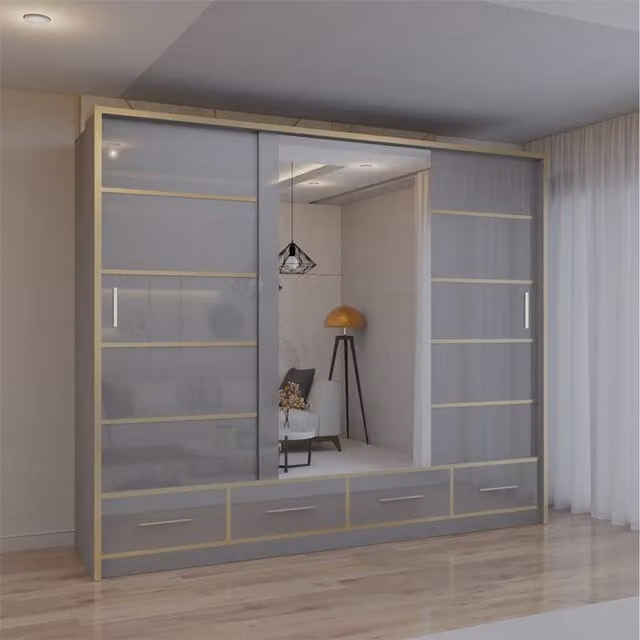 Sliding Wardrobes 4 u High Gloss Sliding Wardrobe with LED Light, Mirror and Internal Drawers, Grey, W: 255 cm, H: 220 cm, D: 66 cm