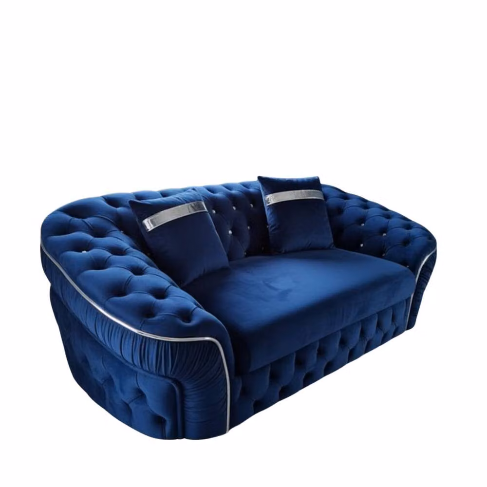 Stratus Interiors Ambassador Chesterfield 2 Seater Sofa in Blue Plush Velvet with Silver Trim – 2