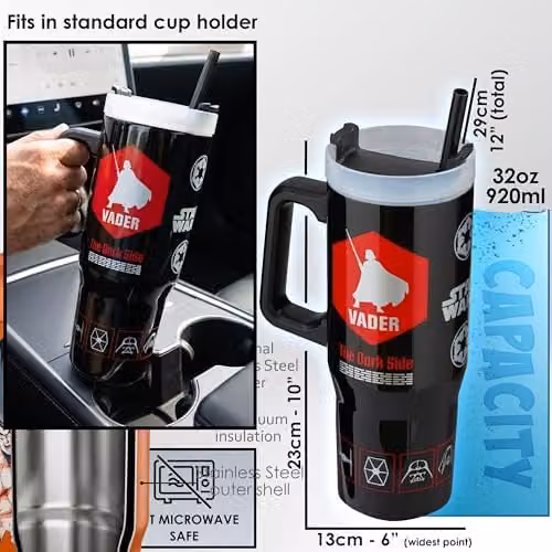 Get Trend Star Wars Insulated Stainless Steel Tumbler with Straw and Handle, 920ml, Black/Multicolour – 5