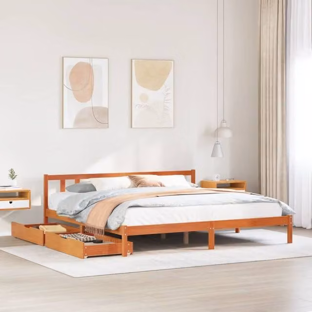 Berkfield Home Super King Solid Wood Pine Bed Frame with Drawers, Wax Brown, W: 180 cm, D: 200 cm