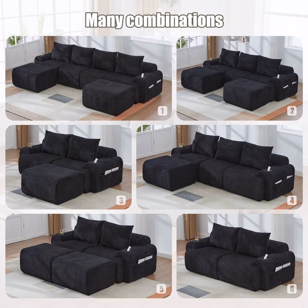 Rolipo Modular 2-Seater Reclining Sofa in Black Corduroy with Cup Holders – 5