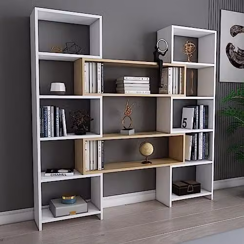 DECOROTIKA Poyraz 5-tier Bookcase Shelving Unit in White and Oak, H 165 x W 22 x D 25 cm – 3