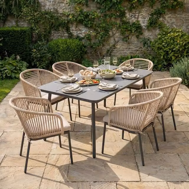 Oxford 6 Seater Grey Polyrattan Dining Set with Glass Top
