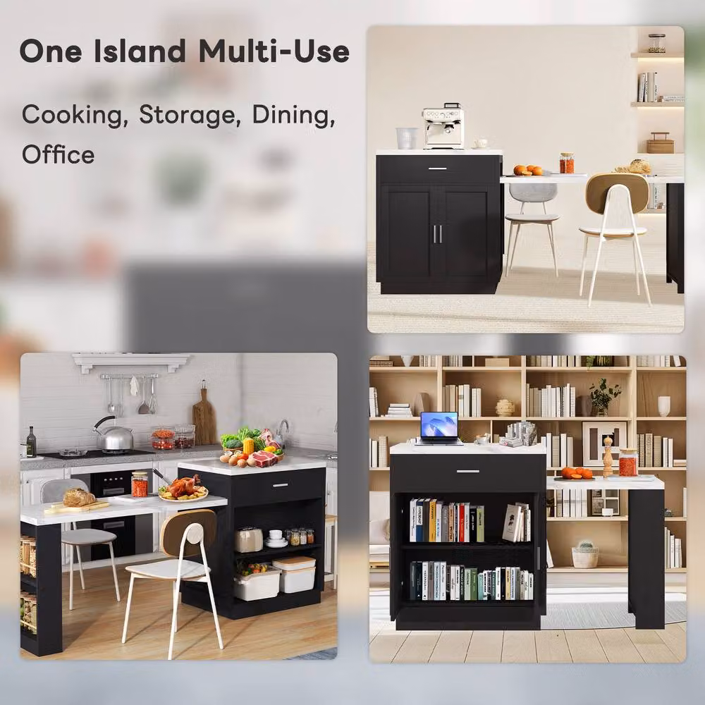 Merax Kitchen Island Cabinet with Extendable Dining Table and Charging Station in Black – 4