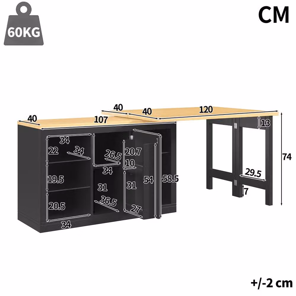 BTM Modern Black Extendable Sideboard with LED Integrated Lighting and Glass Shelves, W/D/H: 154 x 40 x 74 cm – 5