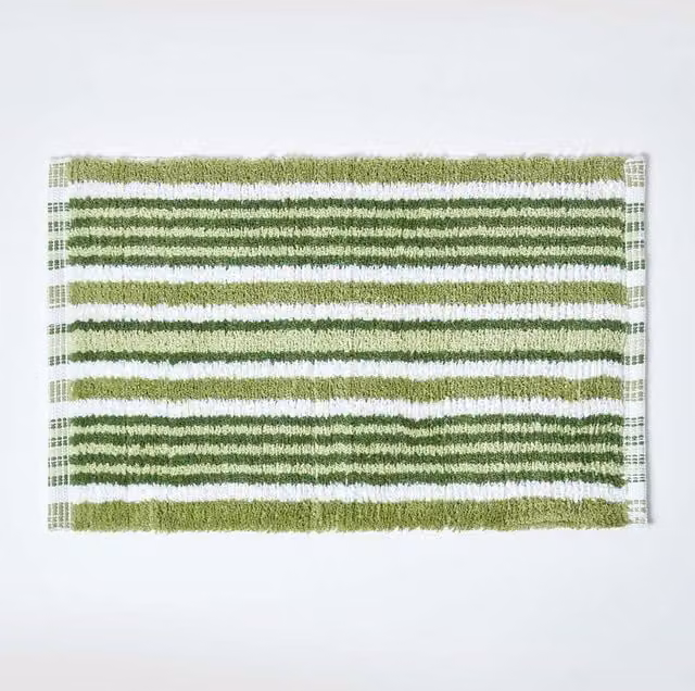 Homescapes Handloomed Striped Cotton Bath Mat in Green and White, W/D/H: 60 x 40 x 3 cm