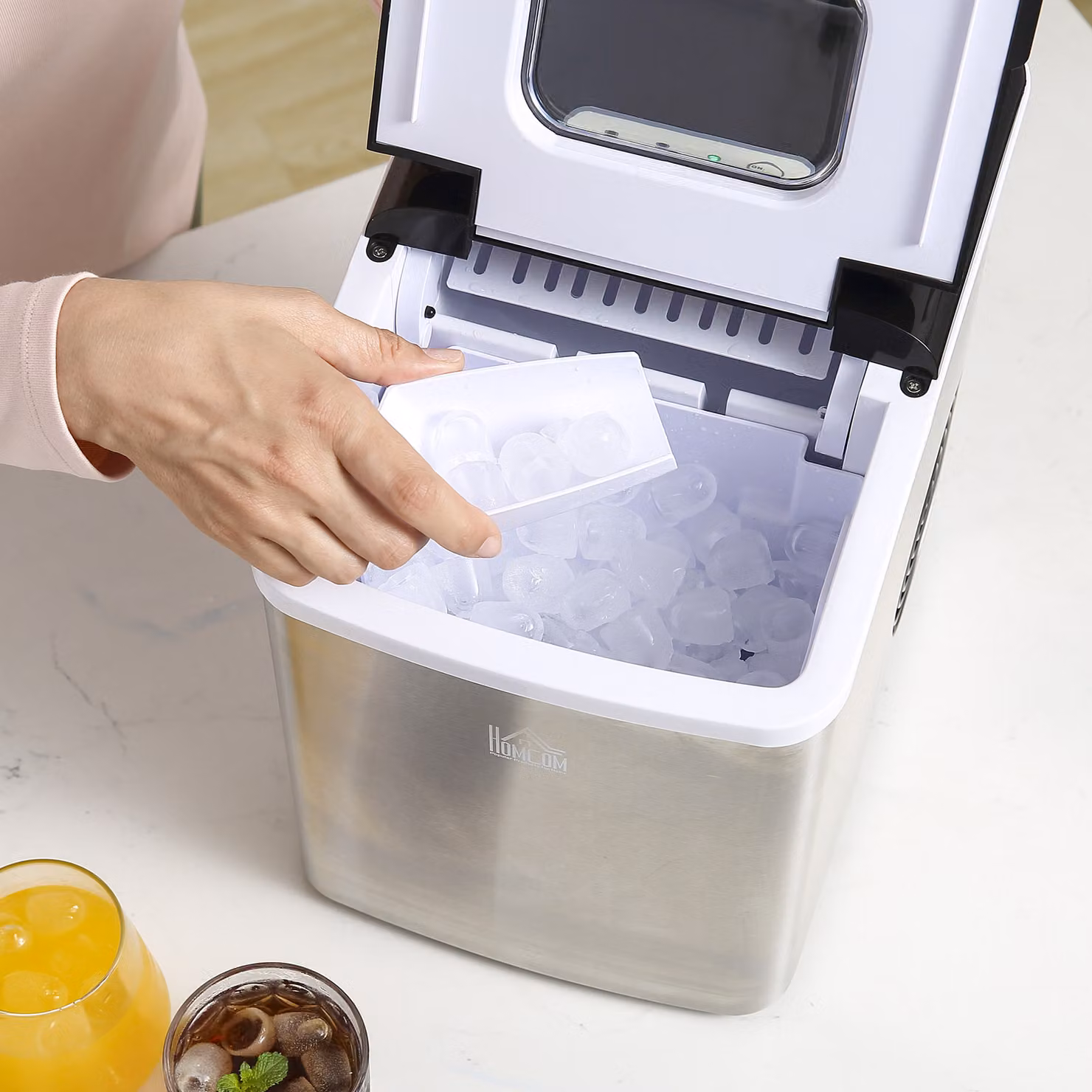 HOMCOM Countertop Ice Maker Machine in Silver Stainless Steel with 1.8L Capacity, 12kg Daily Output, Self-Cleaning Function, Scoop and Basket – 7