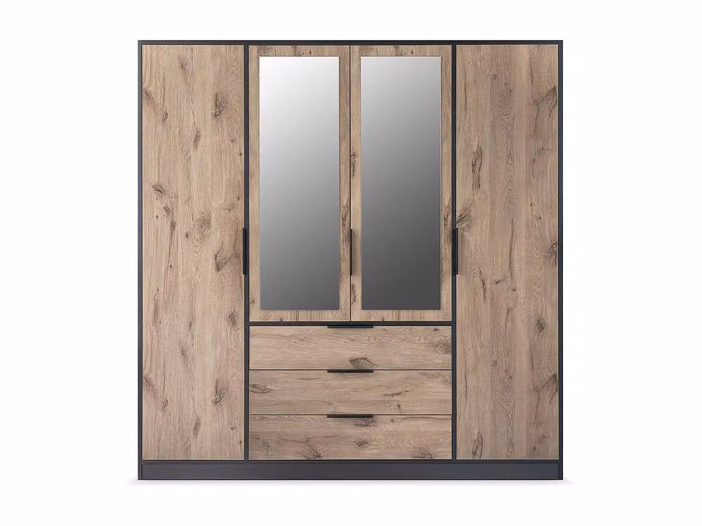 Vente-unique Black 4-Door Wardrobe with 3 Drawers and Mirrors, W: 196 cm, H: 200 cm, D: 58 cm – 2