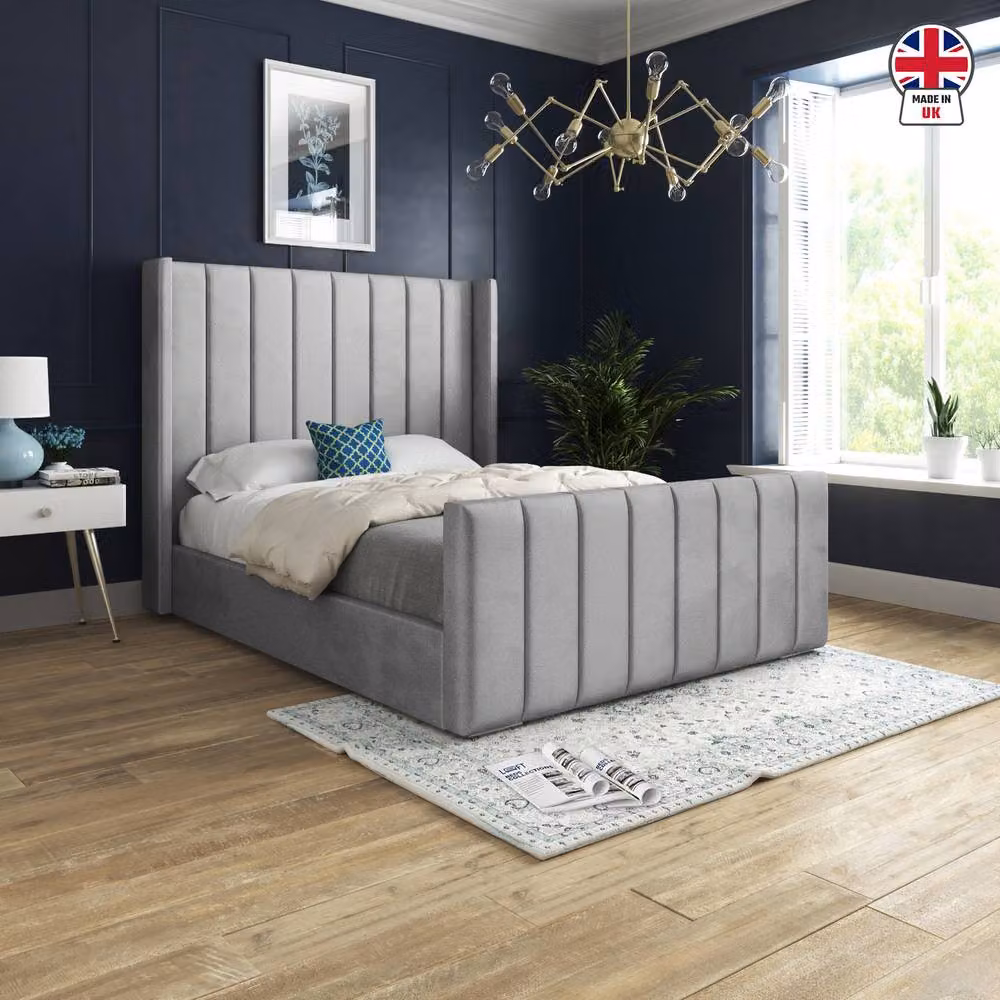 KDMD Stretton Winged Upholstered Designer Bed Frame in Grey Soft Velvet, W/D/H: 140 x 200 cm – 3