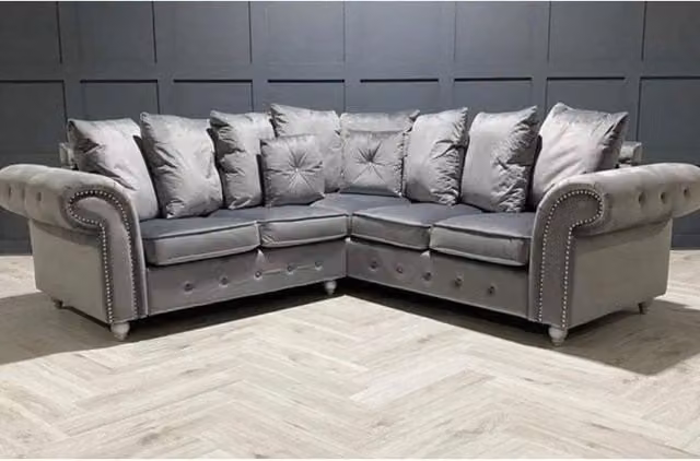 Snugg Furniture UK Limited Raven Plush Grey Velvet 2 Corner L-Shape Sofa with Button Arms and Scatter Cushions – 1