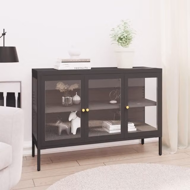 Berkfield Home Anthracite Sideboard in Black Steel and Glass, W/D/H: 105 x 35 x 70 cm – 1