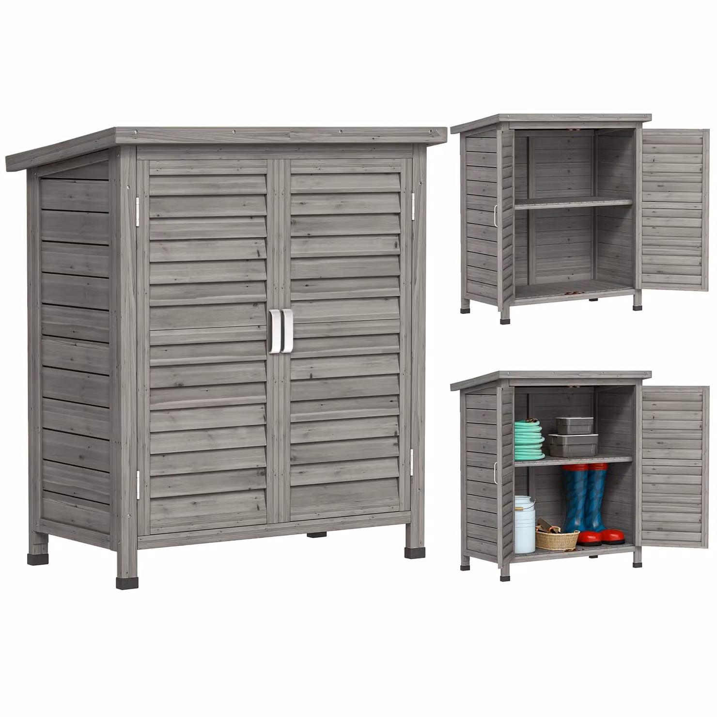 Outsunny Grey Wood Tall Garden Storage Cabinet with Internal Shelving and Roll Shutter, W/D/H: 79.0 x 87.0 x 96.5 cm – 3
