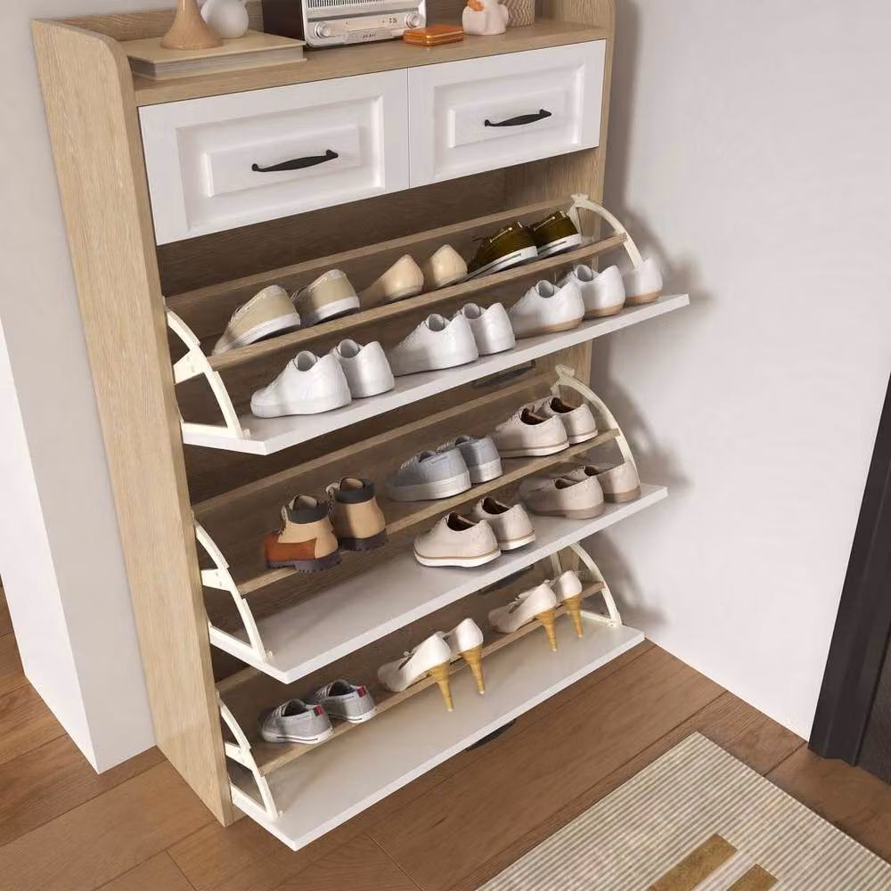 Merax White Slimline Scandinavian Style 3-Tier Tilt-Out Shoe Cabinet with Drawers and Internal Shelves, W/D/H: 80 x 23.5 x 131 cm – 5