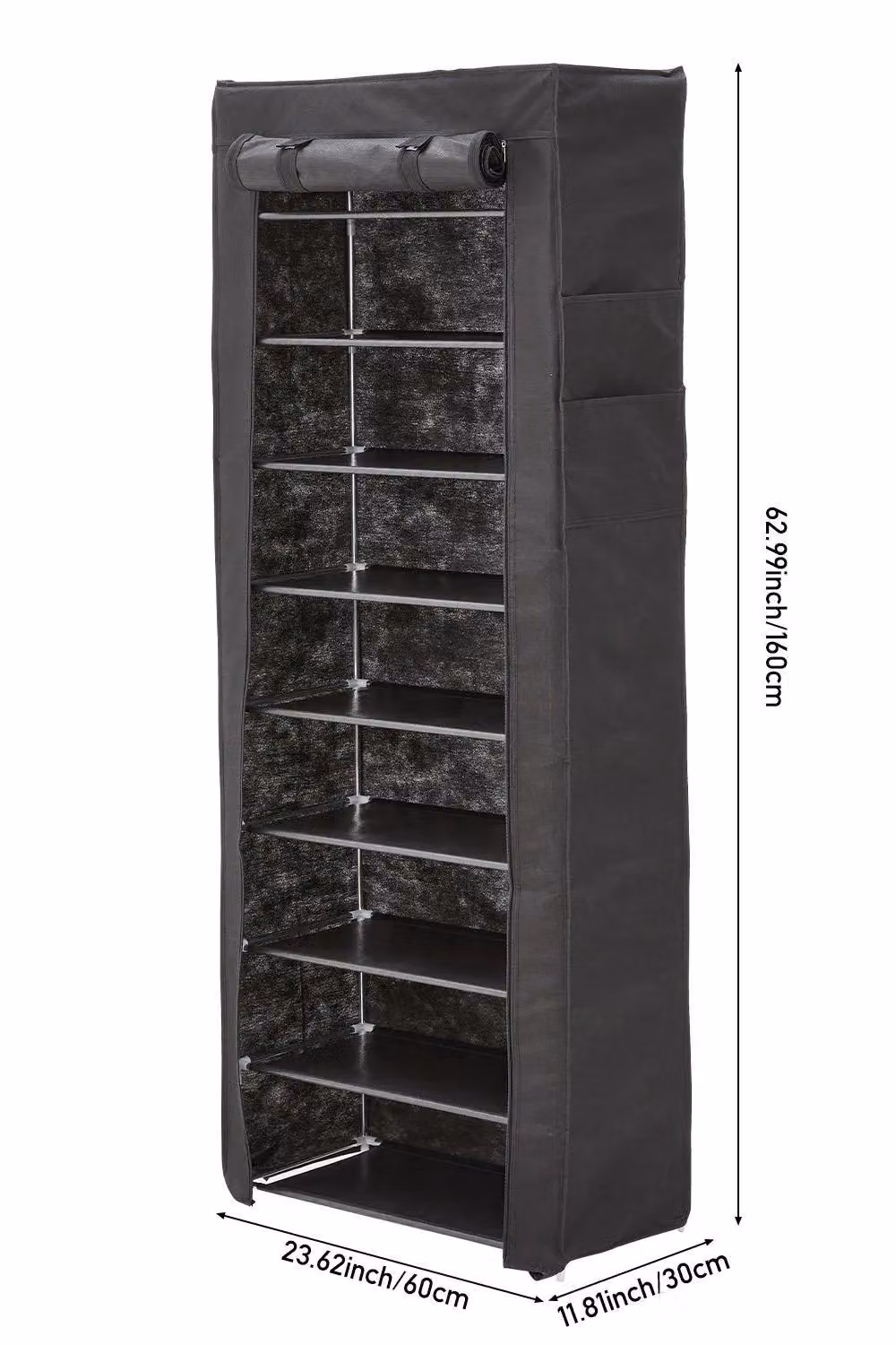 H&O Direct 10-Tier Modern Black Freestanding Shoe Cabinet with Roll-Up Shutter Doors, H 160 cm x W 60 cm x D 30 cm – 2