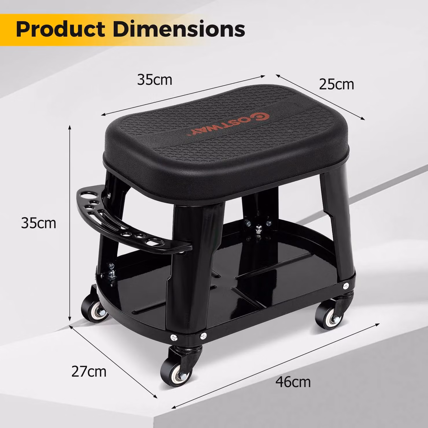 Gymax Black Metal Garage Rolling Stool Creeper Seat with Detachable Seat and Tool Holder, W/D/H: 46.0 x 35.0 x 35.0 cm – 3