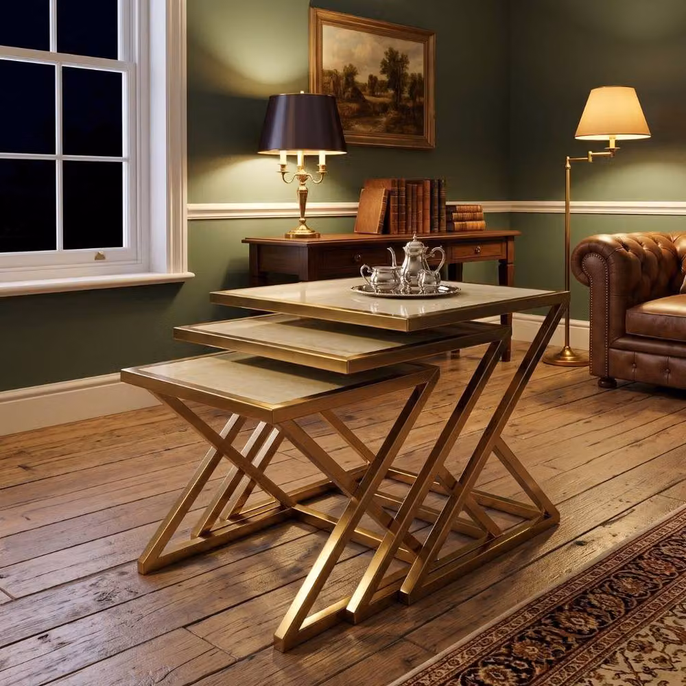 Home Luxe Interior Carra Gold Nest of 3 Tables with Cream Marble Tops and Gold Metal Frames – 3