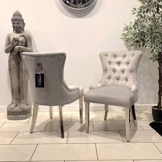 Home Luxe Interior Aydin Silver Velvet Dining Chairs with Chrome Legs and Ring Knocker, Pair