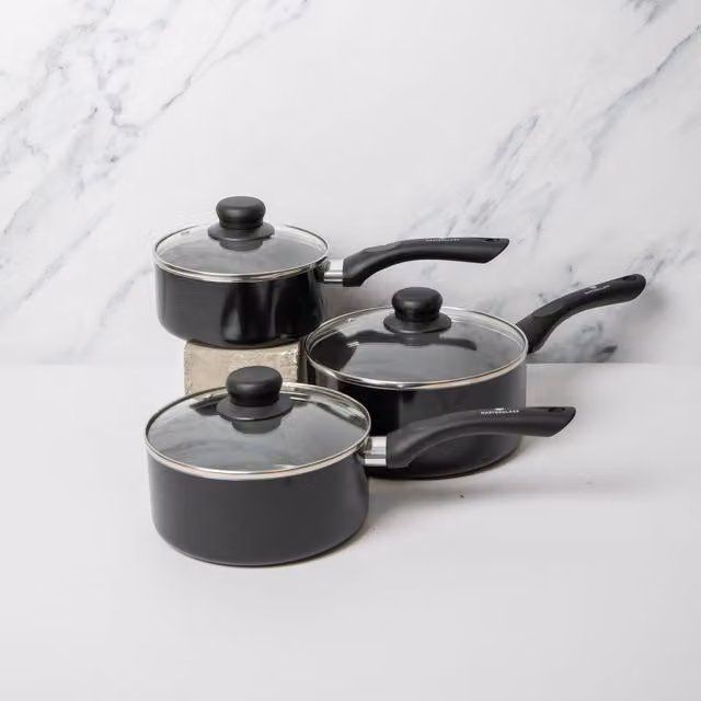 MasterClass 3pc Can-to-Pan Non-Stick Aluminium Saucepan Set with Lids, Dark Grey – 1
