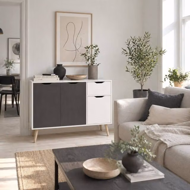 Wyld Haus Domavi Grey Wooden Sideboard with 2 Doors and 1 Drawer, W: 90 cm, D: 30 cm, H: 72 cm – 1