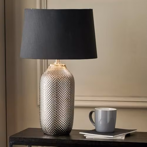 Pacific Lifestyle Art Deco Textured Ceramic Silver Bottle Table Lamp with Black Fabric Tapered Shade – 1