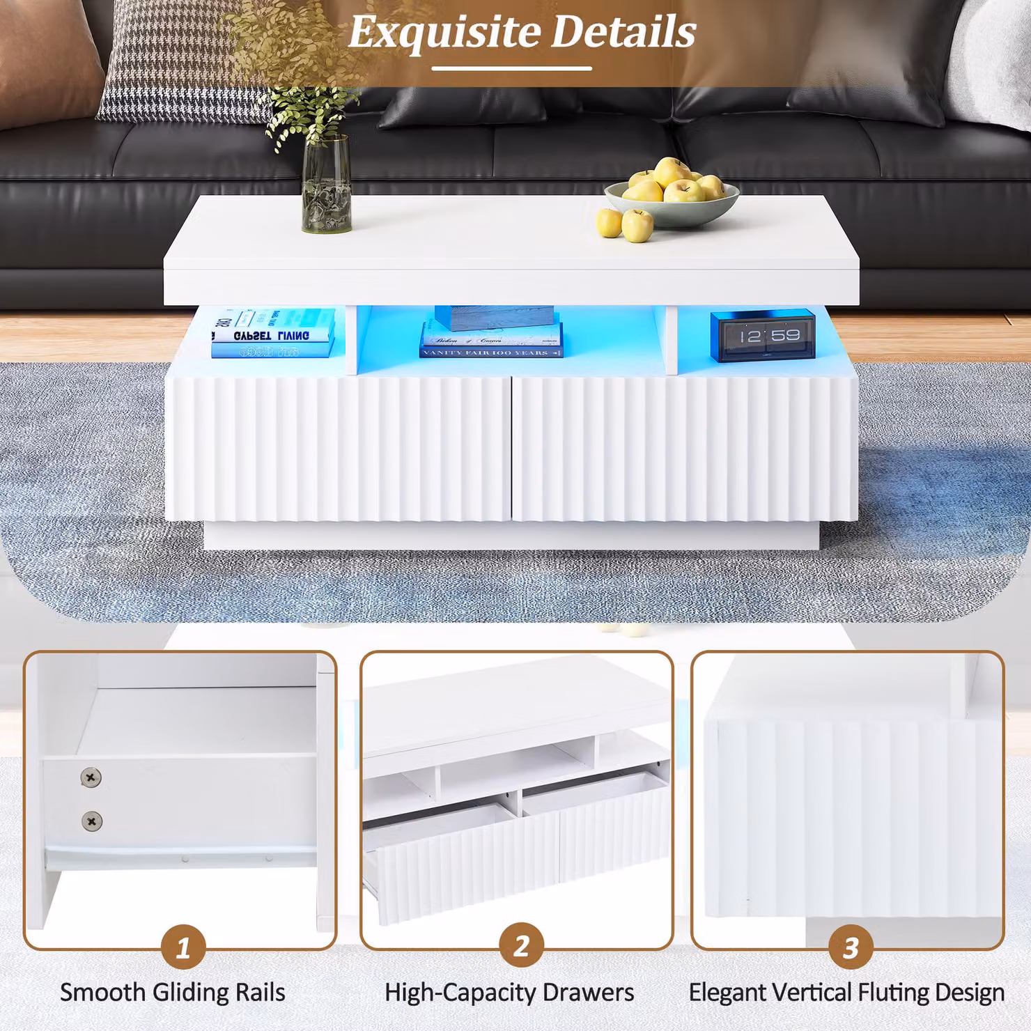 Aosom Modern White Coffee Table with App-Controlled LED, Two Ribbed Drawers and Open Display Shelf, W: 100 cm, D: 50 cm, H: 45 cm – 3