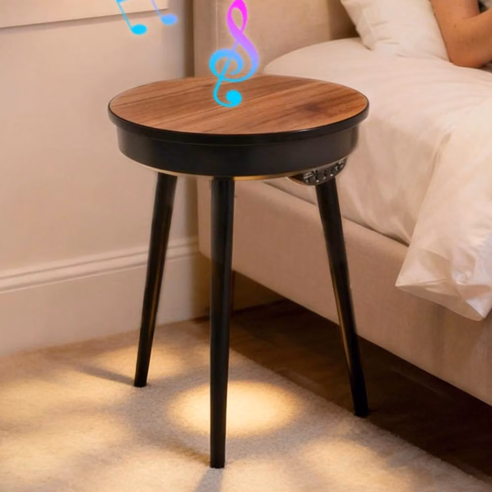 KORVIXA Walnut and Black Portable Smart Side Table in Brown, W/D/H: 100 x 100 x 57 cm – 5