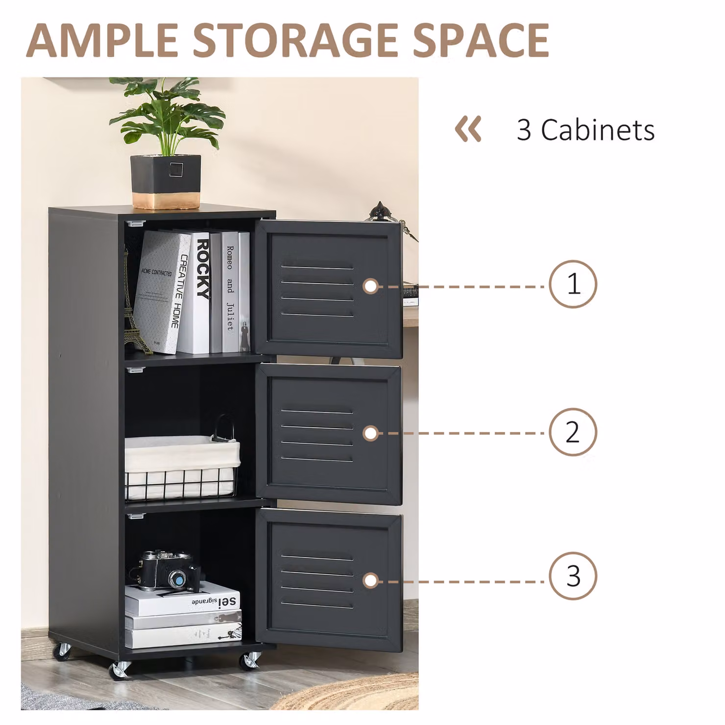 HOMCOM 3-Tier Rolling Storage Cabinet with Metal Hinged Doors in Black – 4