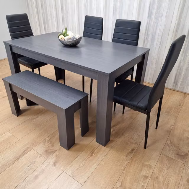 Kosy Koala Modern Rectangular Dining Table Set in Dark Grey with 4 Black Faux Leather Chairs and 1 Bench